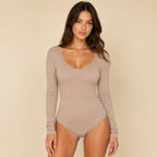Women's taupe scoop neck long sleeve bodysuit with a comfortable fitted design.