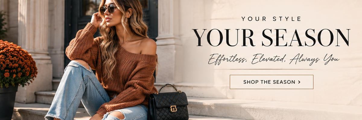 A woman wearing a brown off-the-shoulder knit sweater and light blue jeans sits on stone steps beside a potted orange flower. Large text on the right reads 'YOUR STYLE YOUR SEASON' with a 'SHOP THE SEASON' button.
