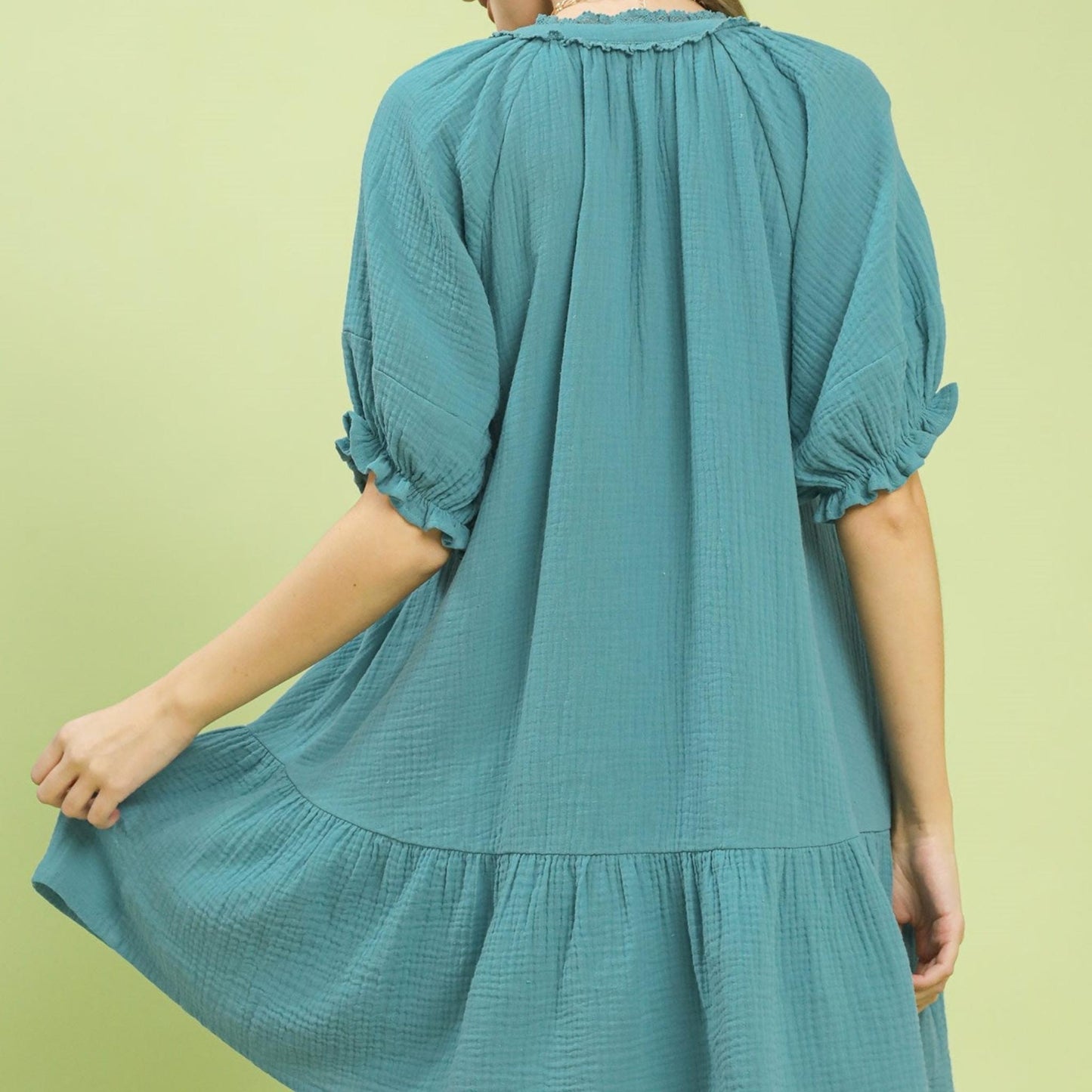 Back view of the Umgee women's summer cotton gauze mini dress.