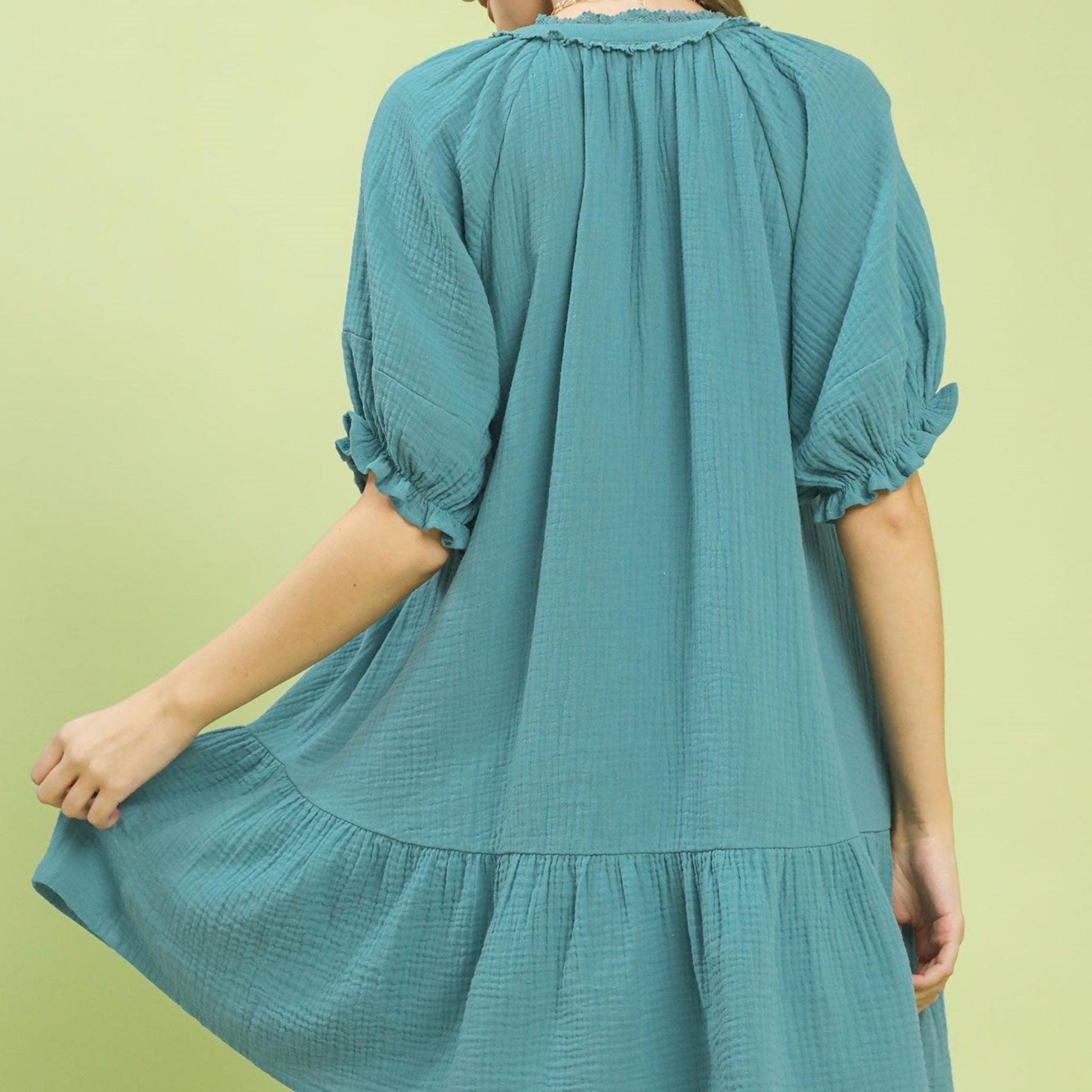 Back view of the Umgee women's summer cotton gauze mini dress.
