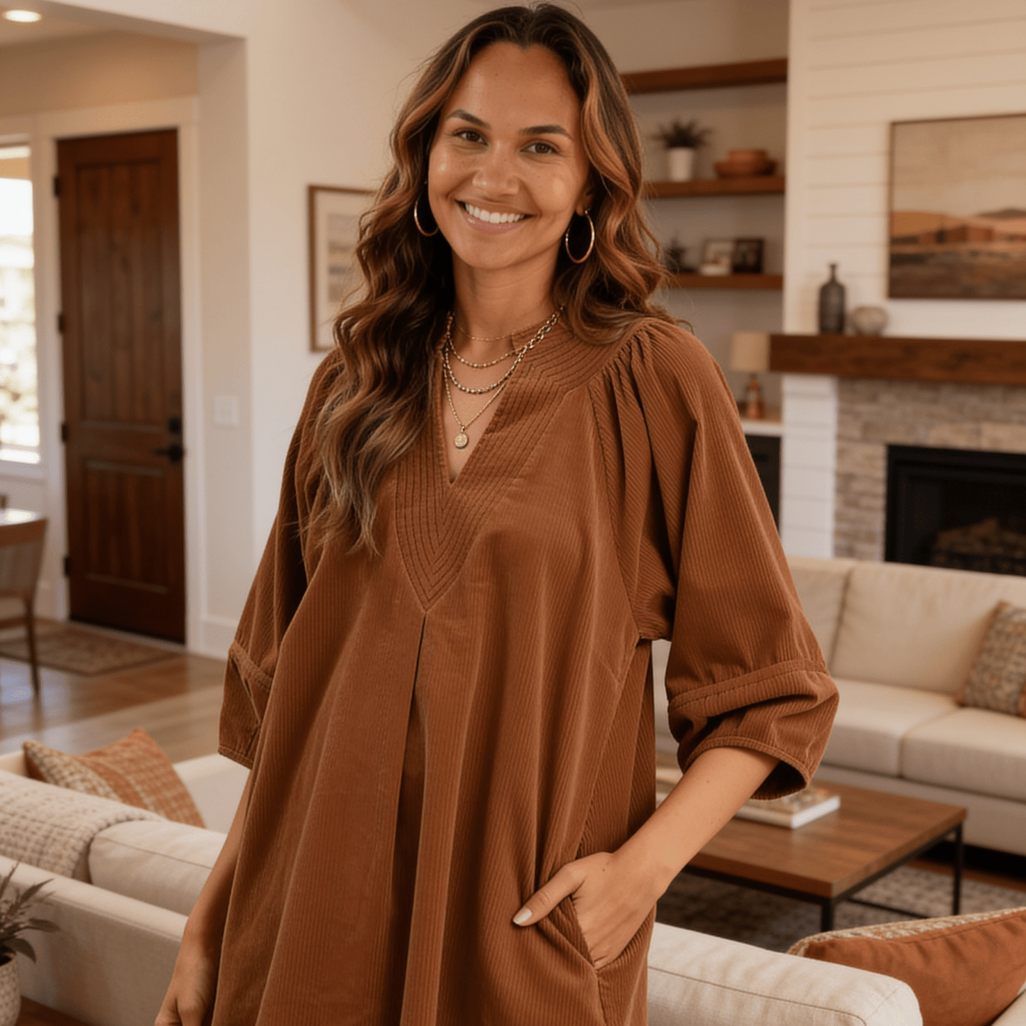 Umgee Corduroy V-Neck Puff Sleeve Shift Dress with Pockets - Camel-Trendsi - Solazura Boutique