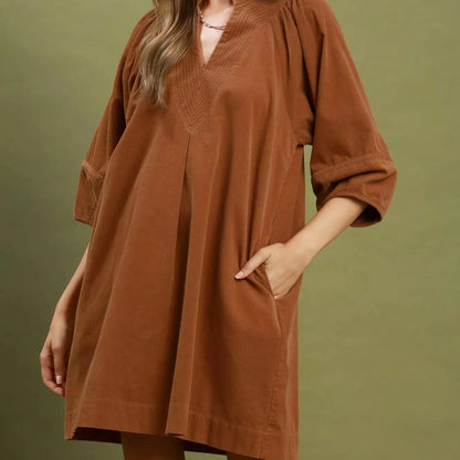 Umgee Corduroy V-Neck Puff Sleeve Shift Dress with Pockets - Camel-Trendsi - Solazura Boutique