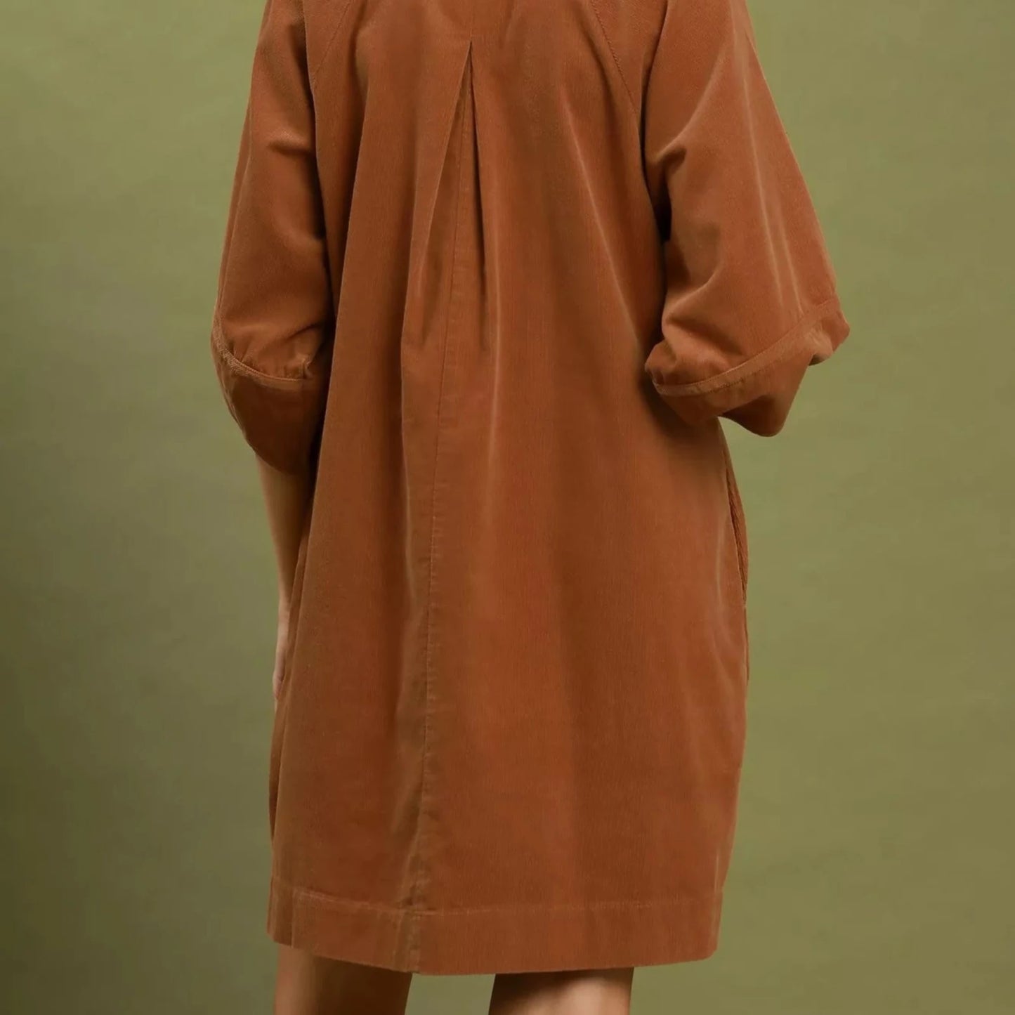 Umgee Corduroy V-Neck Puff Sleeve Shift Dress with Pockets - Camel-Trendsi - Solazura Boutique