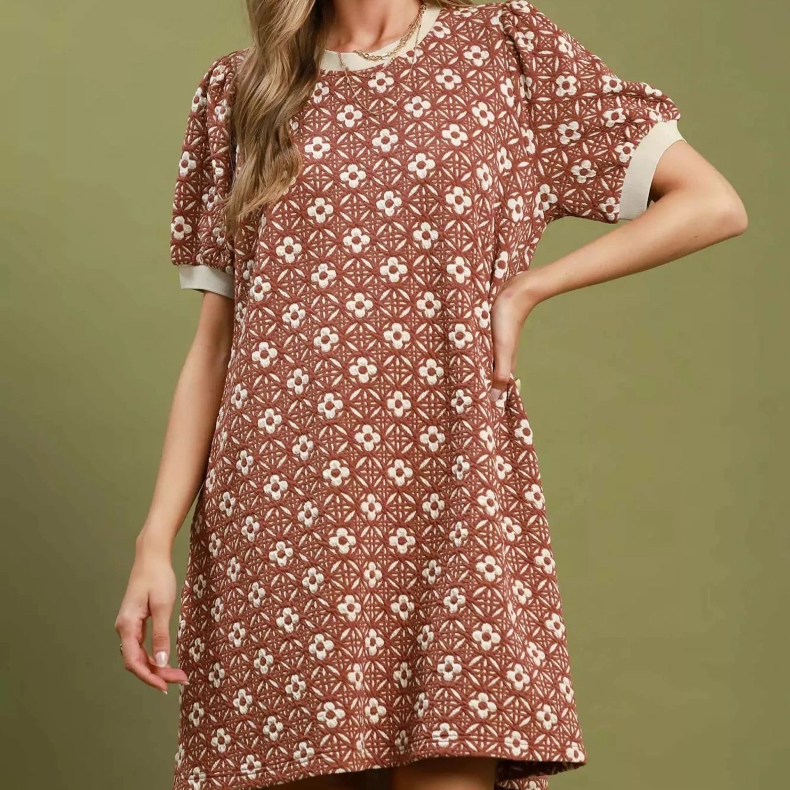 Umgee Floral Textured Puff Sleeve Mini Dress - Rust-Trendsi - Solazura Boutique