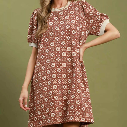 Umgee Floral Textured Puff Sleeve Mini Dress - Rust-Trendsi - Solazura Boutique