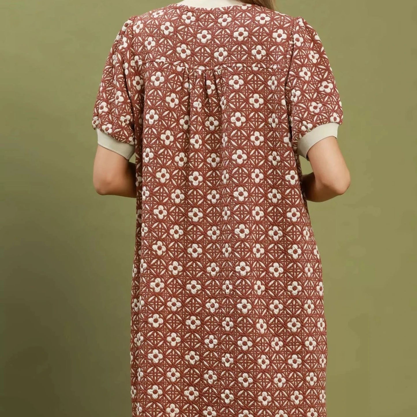 Umgee Floral Textured Puff Sleeve Mini Dress - Rust-Trendsi - Solazura Boutique