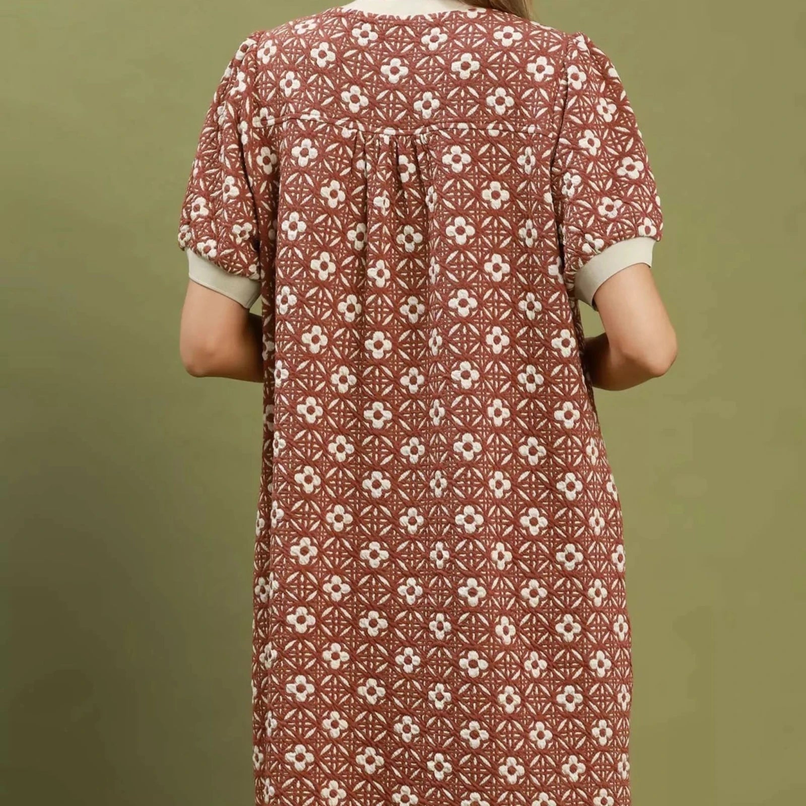 Umgee Floral Textured Puff Sleeve Mini Dress - Rust-Trendsi - Solazura Boutique