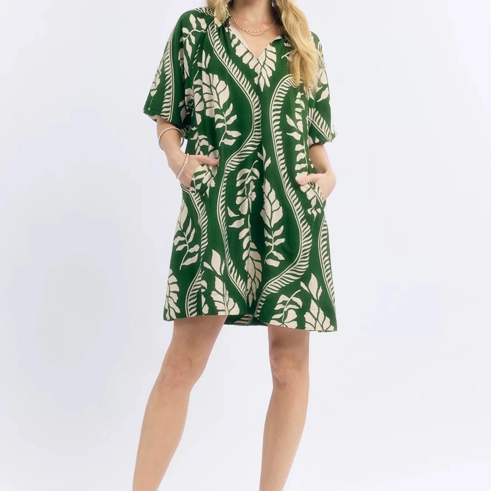 Umgee Leafy Ogee Print Mini Dress - Cream/Green-Trendsi - Solazura Boutique