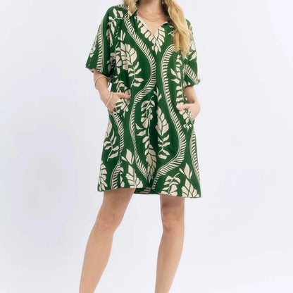 Umgee Leafy Ogee Print Mini Dress - Cream/Green-Trendsi - Solazura Boutique