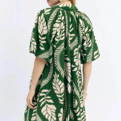 Umgee Leafy Ogee Print Mini Dress - Cream/Green-Trendsi - Solazura Boutique