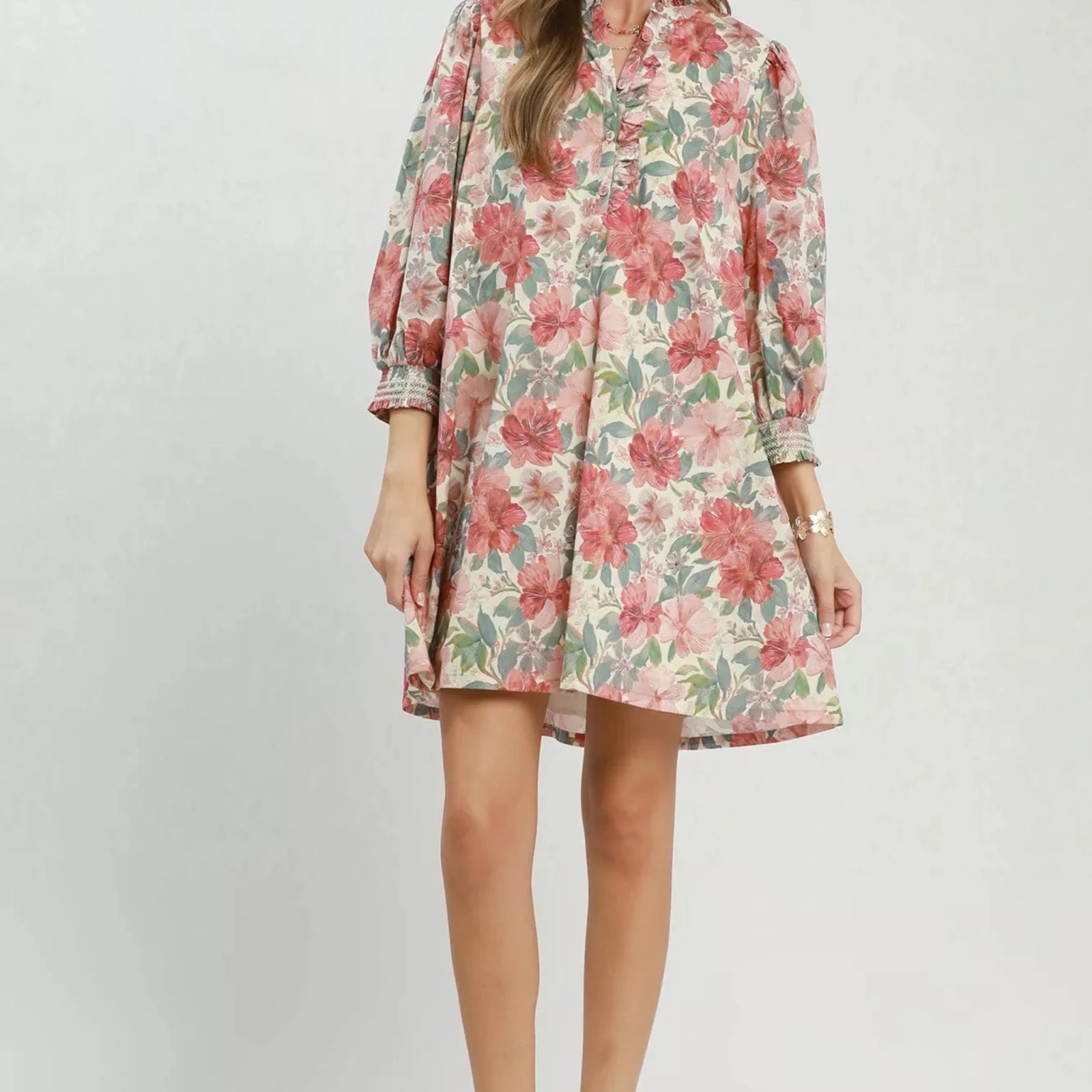 Umgee Mix Floral Print Smocked Cuff Mini Dress-Trendsi - Solazura Boutique