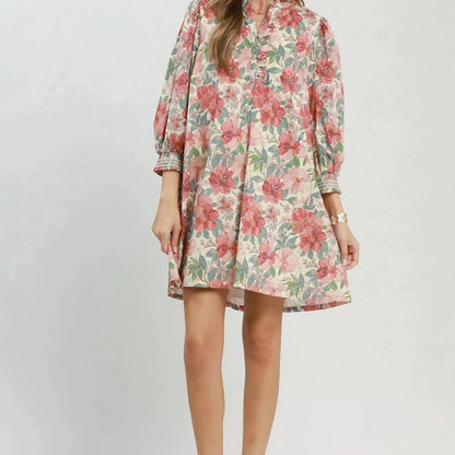 Umgee Mix Floral Print Smocked Cuff Mini Dress-Trendsi - Solazura Boutique