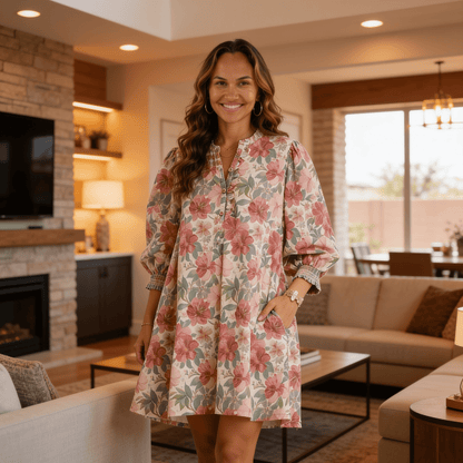 Umgee Mix Floral Print Smocked Cuff Mini Dress-Trendsi - Solazura Boutique