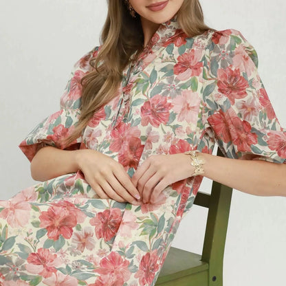 Umgee Mix Floral Print Smocked Cuff Mini Dress-Trendsi - Solazura Boutique