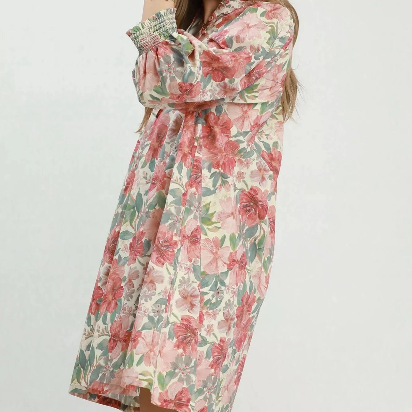 Umgee Mix Floral Print Smocked Cuff Mini Dress-Trendsi - Solazura Boutique
