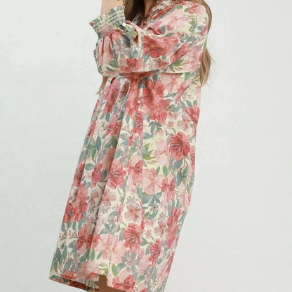 Umgee Mix Floral Print Smocked Cuff Mini Dress-Trendsi - Solazura Boutique
