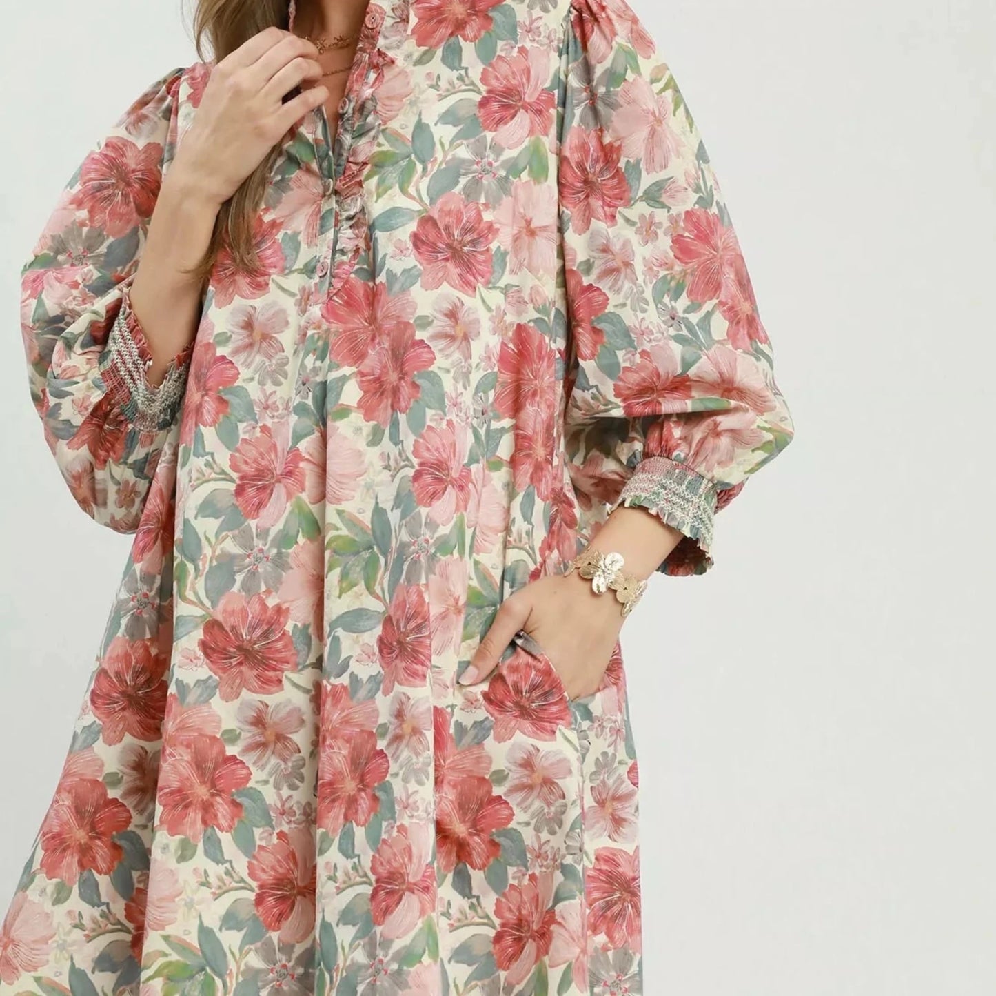 Umgee Mix Floral Print Smocked Cuff Mini Dress-Trendsi - Solazura Boutique