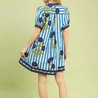 Umgee Mix Floral Stripe Contrast Dress - Ocean Blue-Trendsi - Solazura Boutique