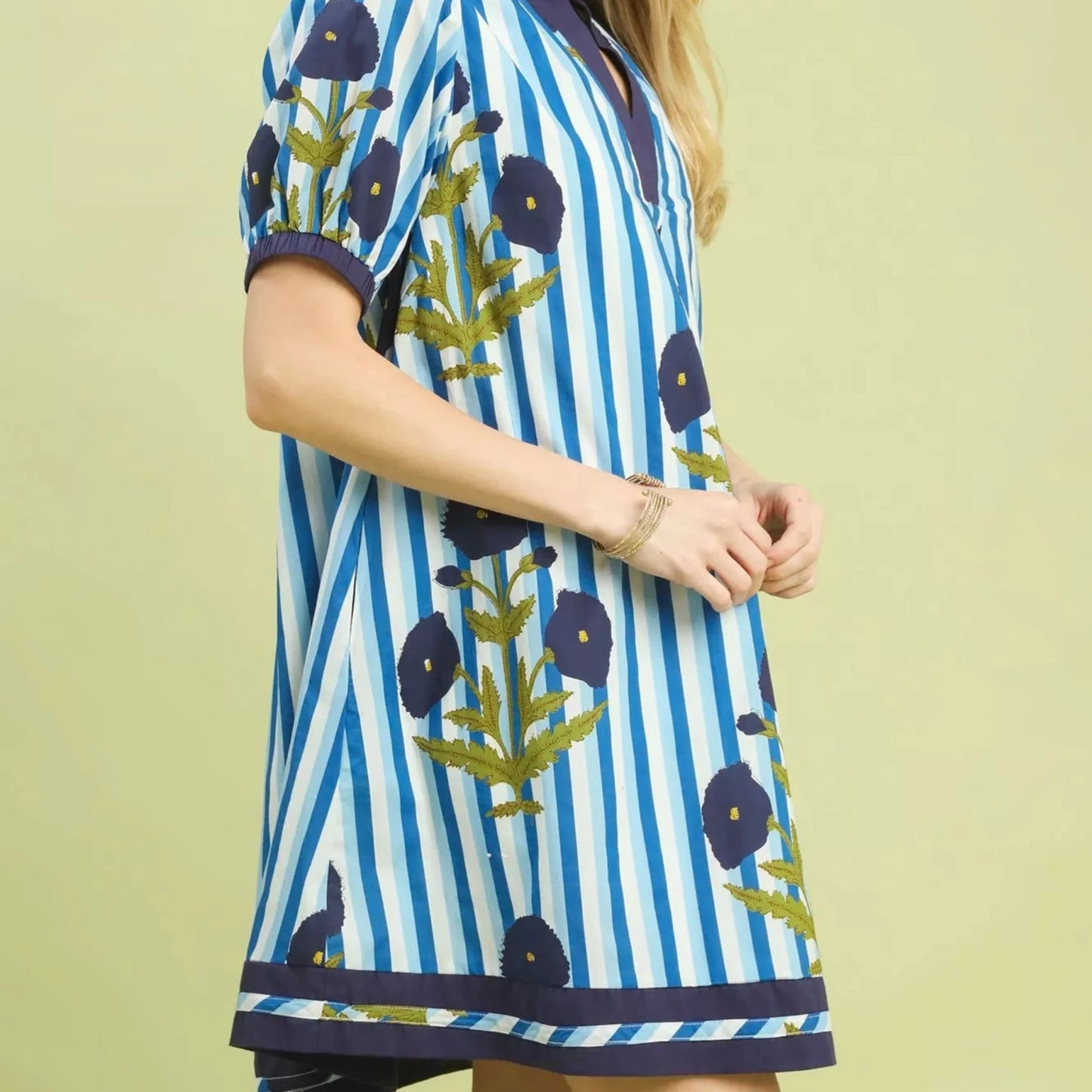 Umgee Mix Floral Stripe Contrast Dress - Ocean Blue-Trendsi - Solazura Boutique
