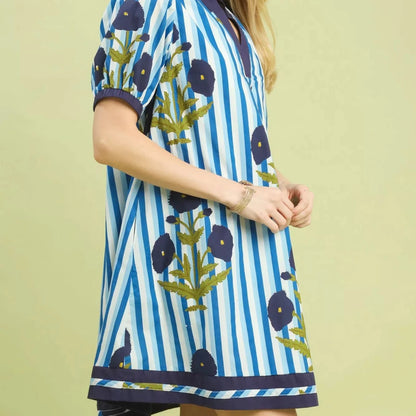Umgee Mix Floral Stripe Contrast Dress - Ocean Blue-Trendsi - Solazura Boutique