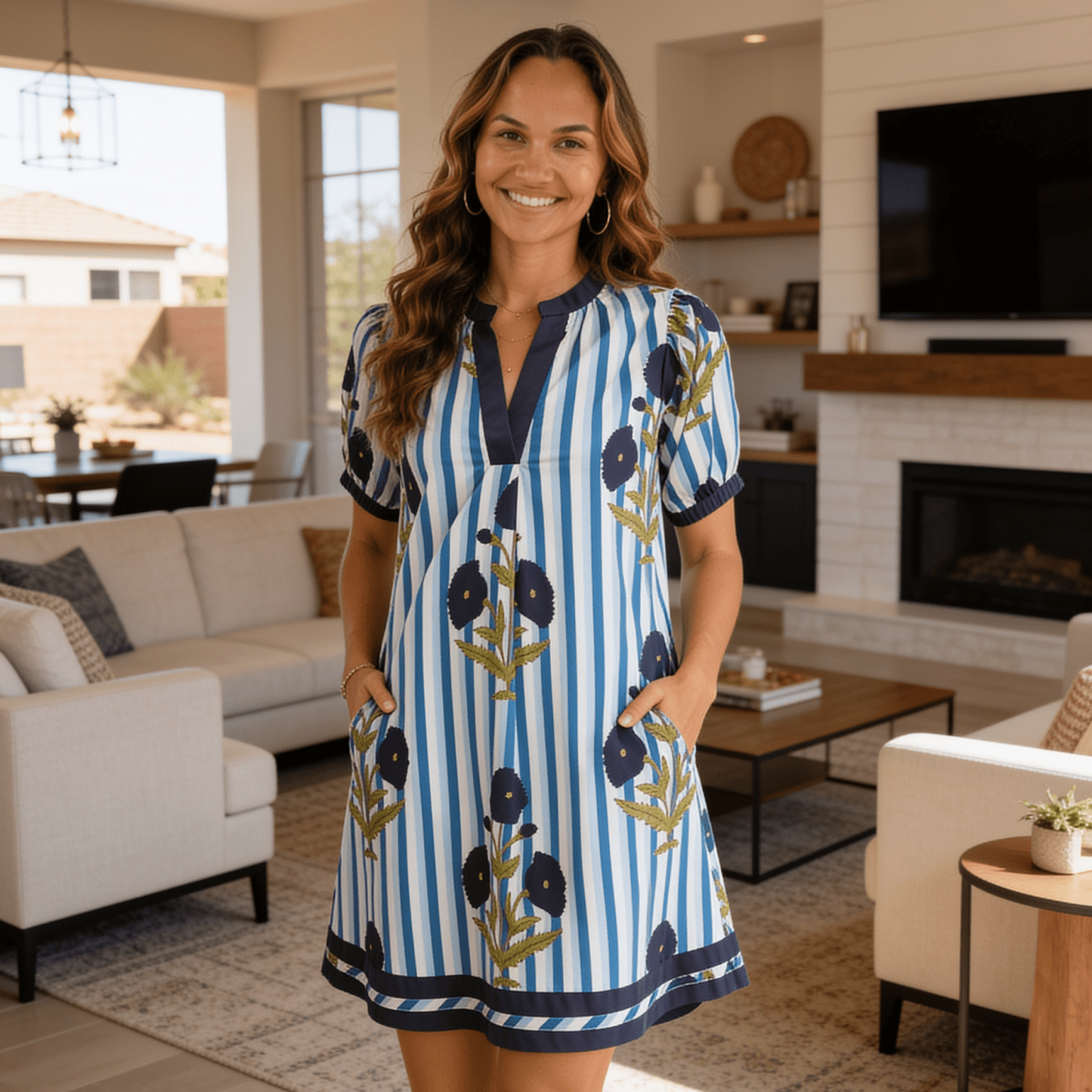 Umgee Mix Floral Stripe Contrast Dress - Ocean Blue-Trendsi - Solazura Boutique