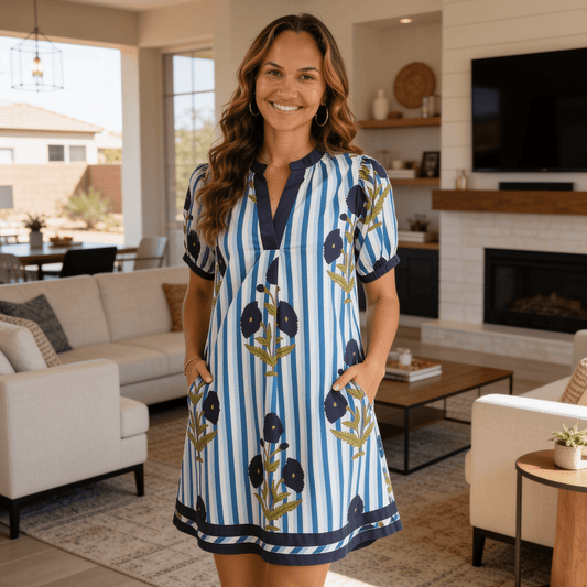 Umgee Mix Floral Stripe Contrast Dress - Ocean Blue-Trendsi - Solazura Boutique