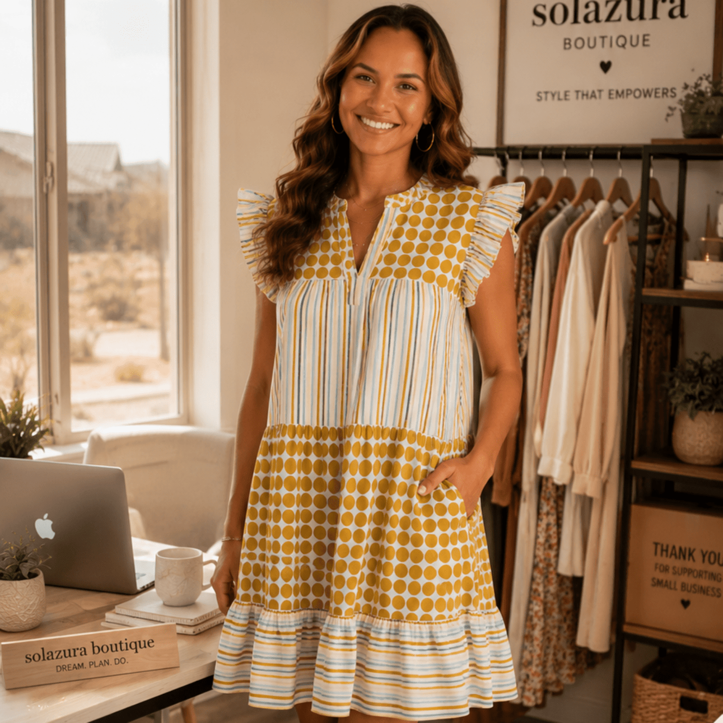 Umgee Mix Patchwork Flutter Sleeve Tiered Dress-Trendsi - Solazura Boutique