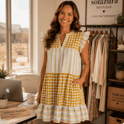 Umgee Mix Patchwork Flutter Sleeve Tiered Dress-Trendsi - Solazura Boutique