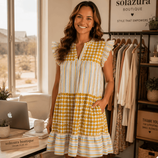 Umgee Mix Patchwork Flutter Sleeve Tiered Dress-Trendsi - Solazura Boutique