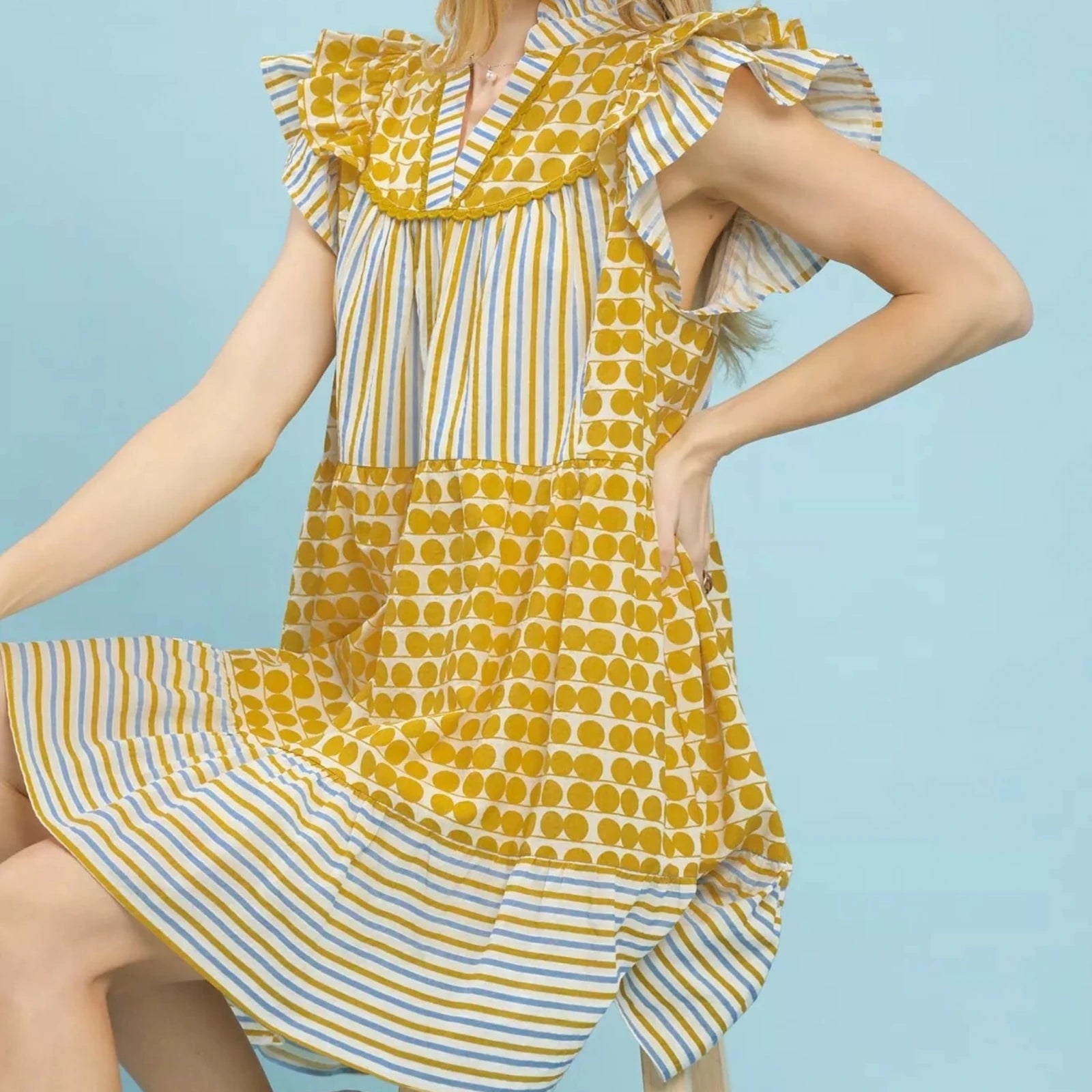 Umgee Mix Patchwork Flutter Sleeve Tiered Dress-Trendsi - Solazura Boutique
