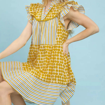 Umgee Mix Patchwork Flutter Sleeve Tiered Dress-Trendsi - Solazura Boutique
