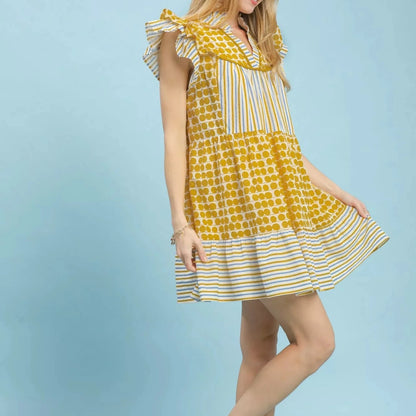 Umgee Mix Patchwork Flutter Sleeve Tiered Dress-Trendsi - Solazura Boutique