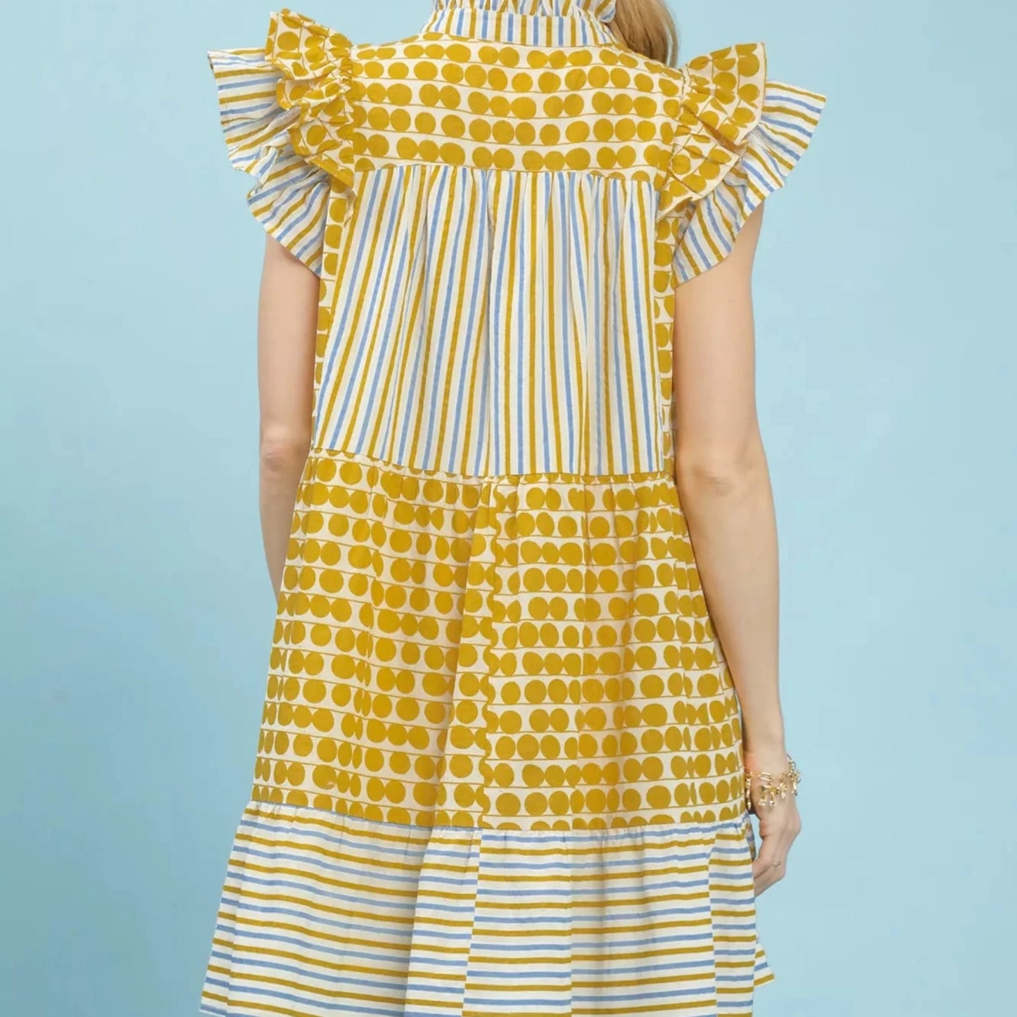 Umgee Mix Patchwork Flutter Sleeve Tiered Dress-Trendsi - Solazura Boutique