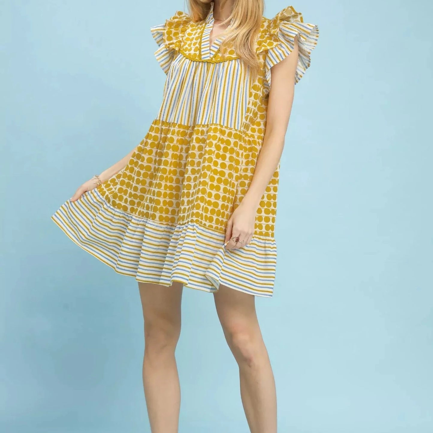 Umgee Mix Patchwork Flutter Sleeve Tiered Dress-Trendsi - Solazura Boutique