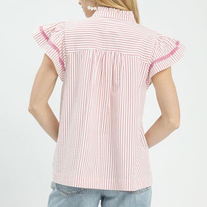 Back view of the pink striped top showing the relaxed and comfortable fit.