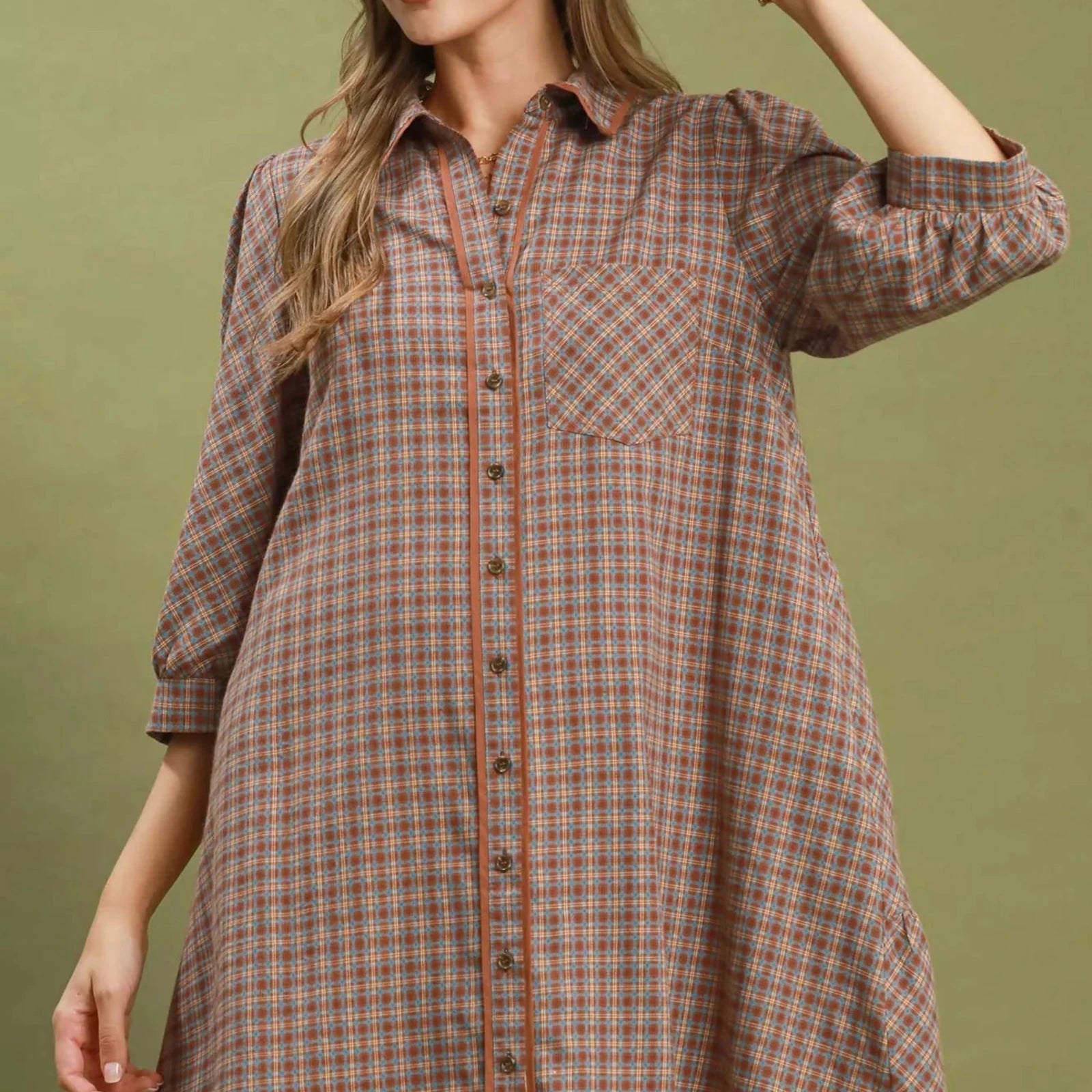 Umgee Plaid Button Down Oversized Shirt Dress - Brown-Trendsi - Solazura Boutique