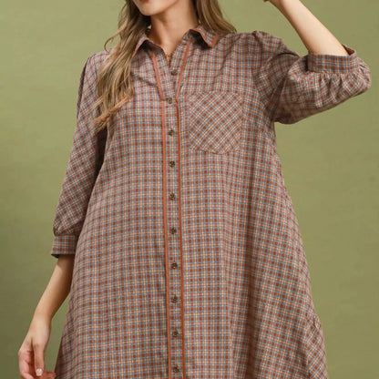 Umgee Plaid Button Down Oversized Shirt Dress - Brown-Trendsi - Solazura Boutique