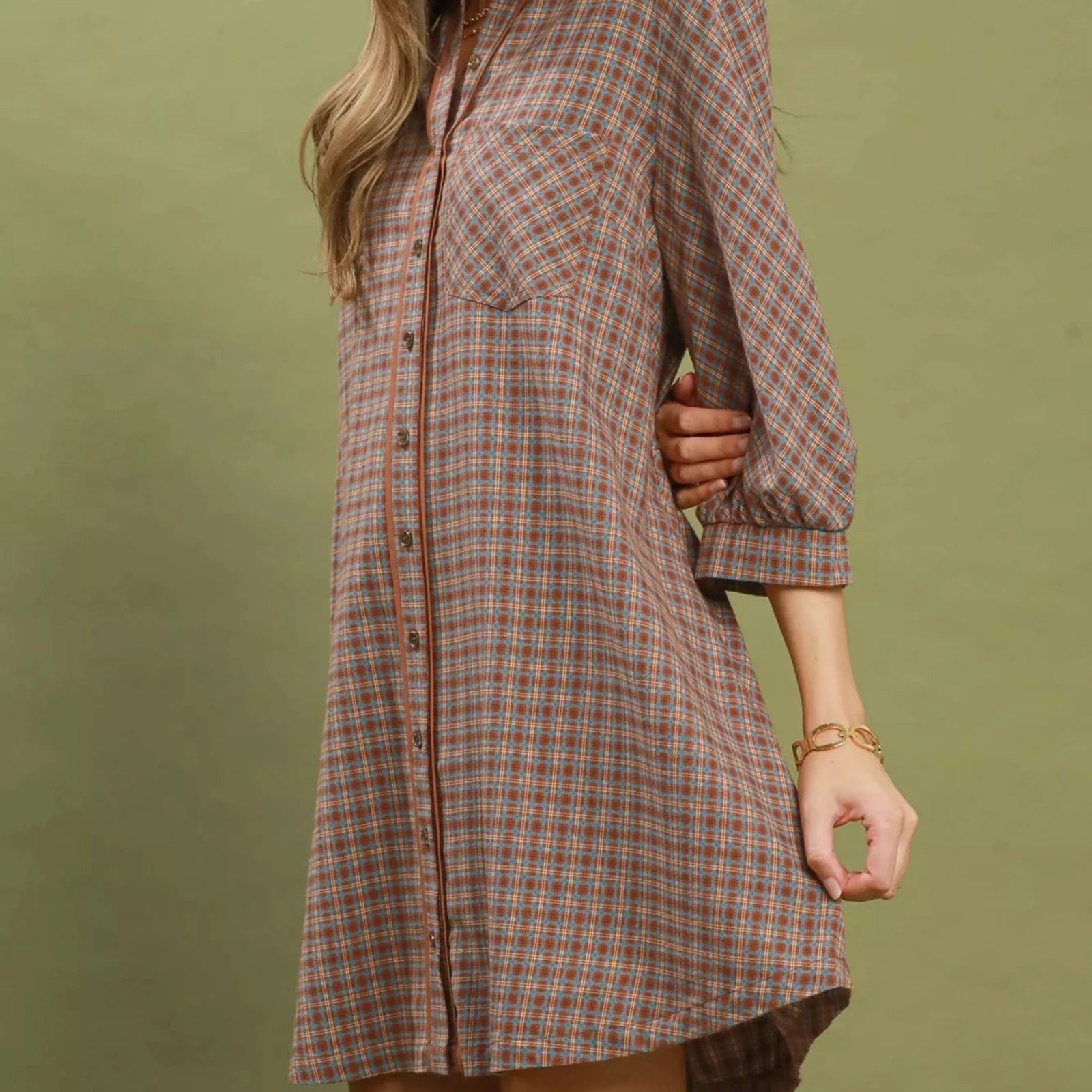 Umgee Plaid Button Down Oversized Shirt Dress - Brown-Trendsi - Solazura Boutique