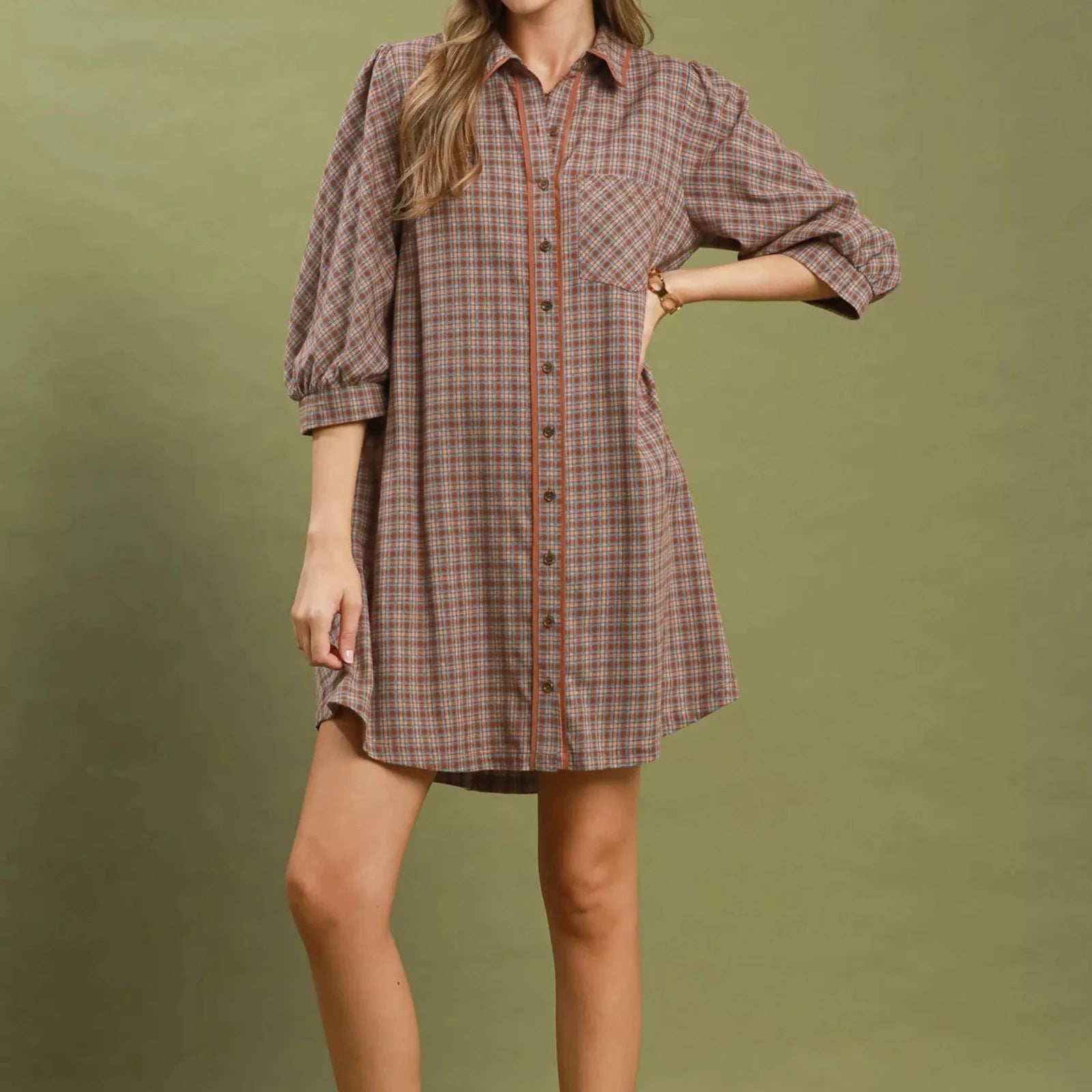 Umgee Plaid Button Down Oversized Shirt Dress - Brown-Trendsi - Solazura Boutique