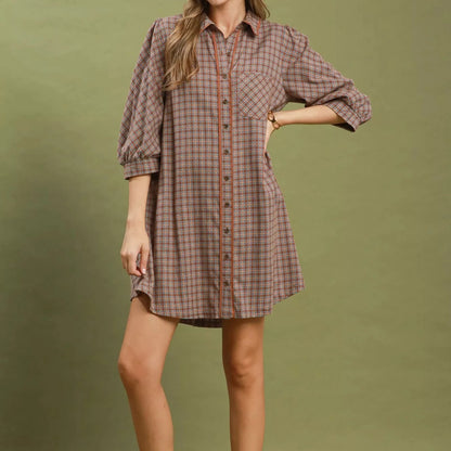 Umgee Plaid Button Down Oversized Shirt Dress - Brown-Trendsi - Solazura Boutique