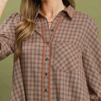 Umgee Plaid Button Down Oversized Shirt Dress - Brown-Trendsi - Solazura Boutique