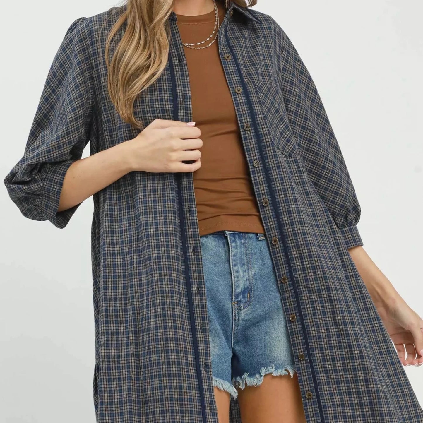 Umgee Plaid Button Down Oversized Shirt Dress - Navy-Trendsi - Solazura Boutique
