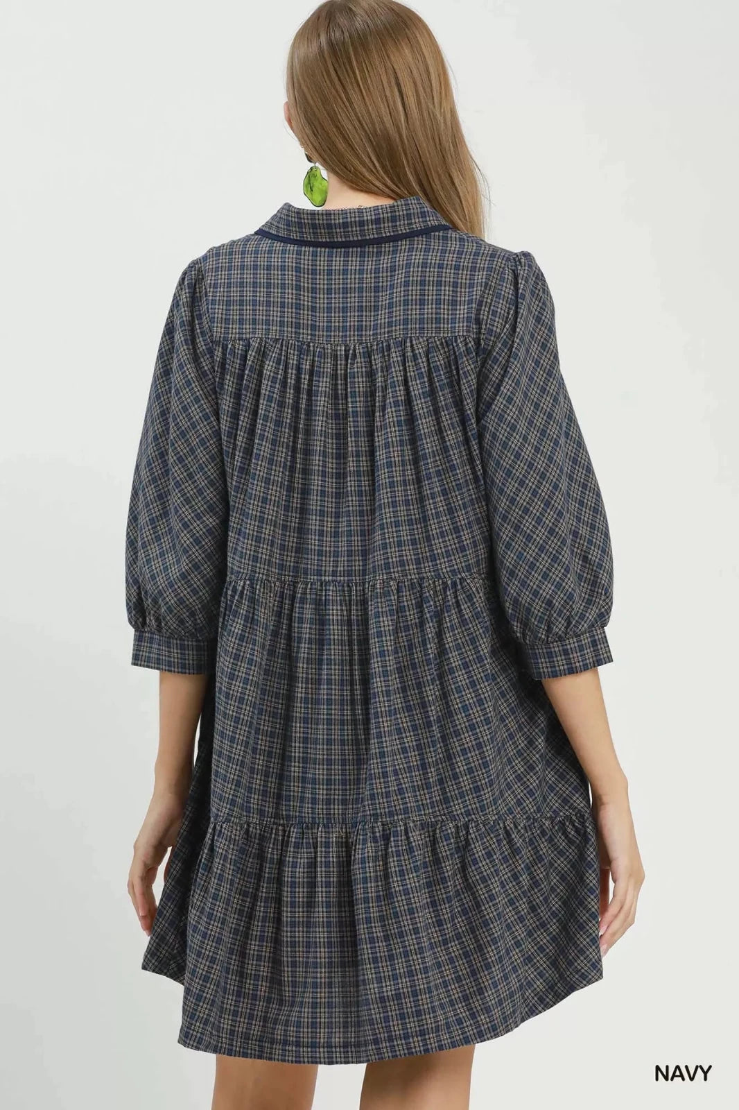 Umgee Plaid Button Down Oversized Shirt Dress - Navy-Trendsi - Solazura Boutique