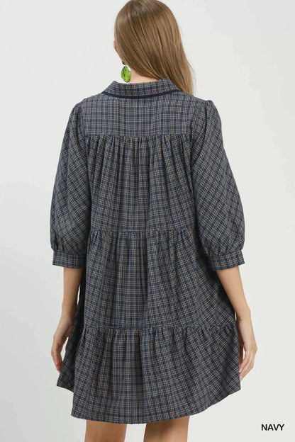 Umgee Plaid Button Down Oversized Shirt Dress - Navy-Trendsi - Solazura Boutique