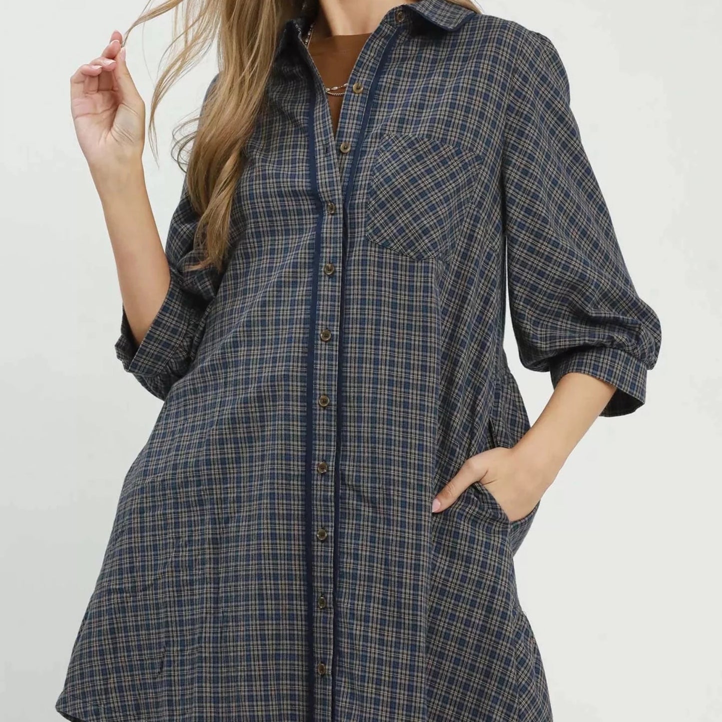 Umgee Plaid Button Down Oversized Shirt Dress - Navy-Trendsi - Solazura Boutique