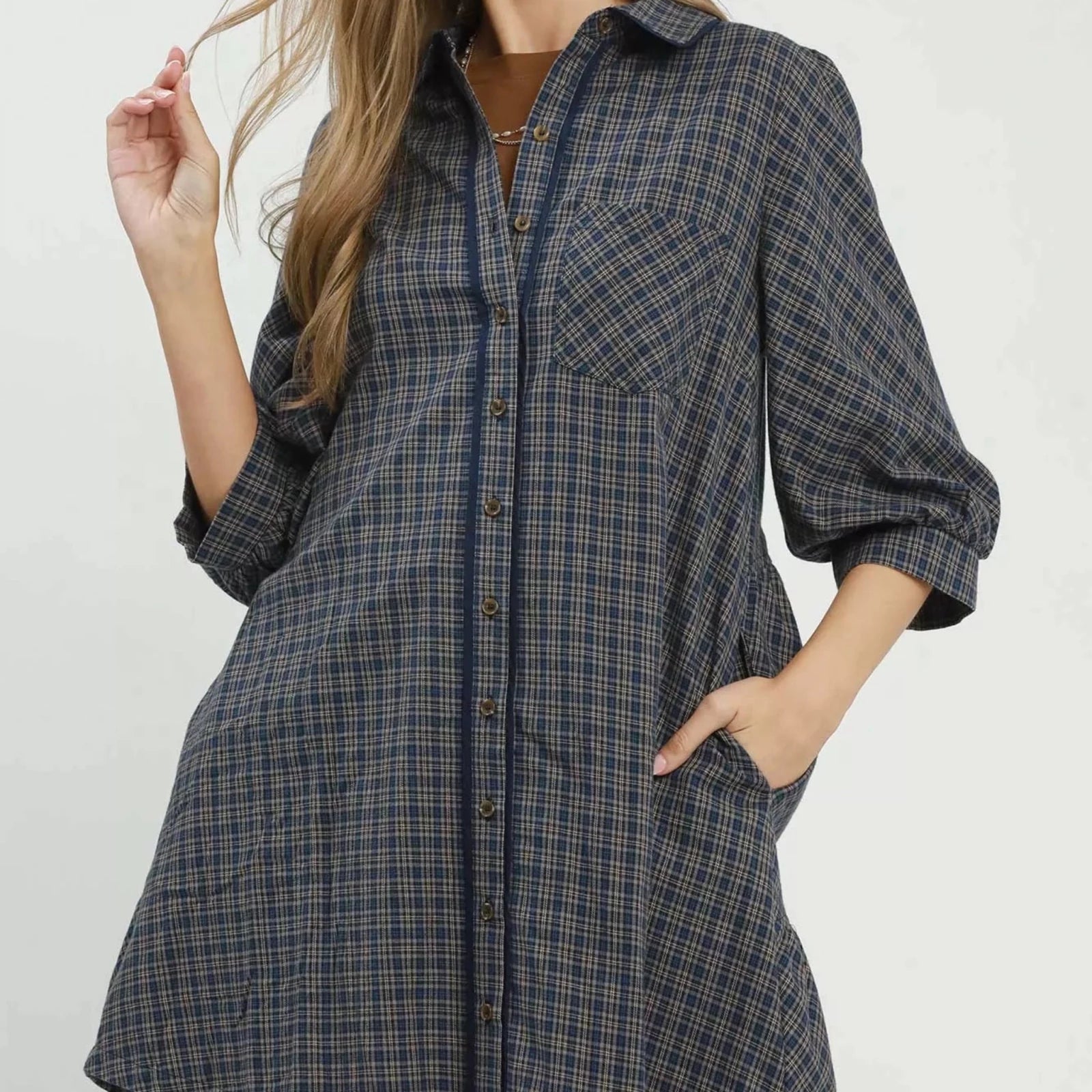 Umgee Plaid Button Down Oversized Shirt Dress - Navy-Trendsi - Solazura Boutique