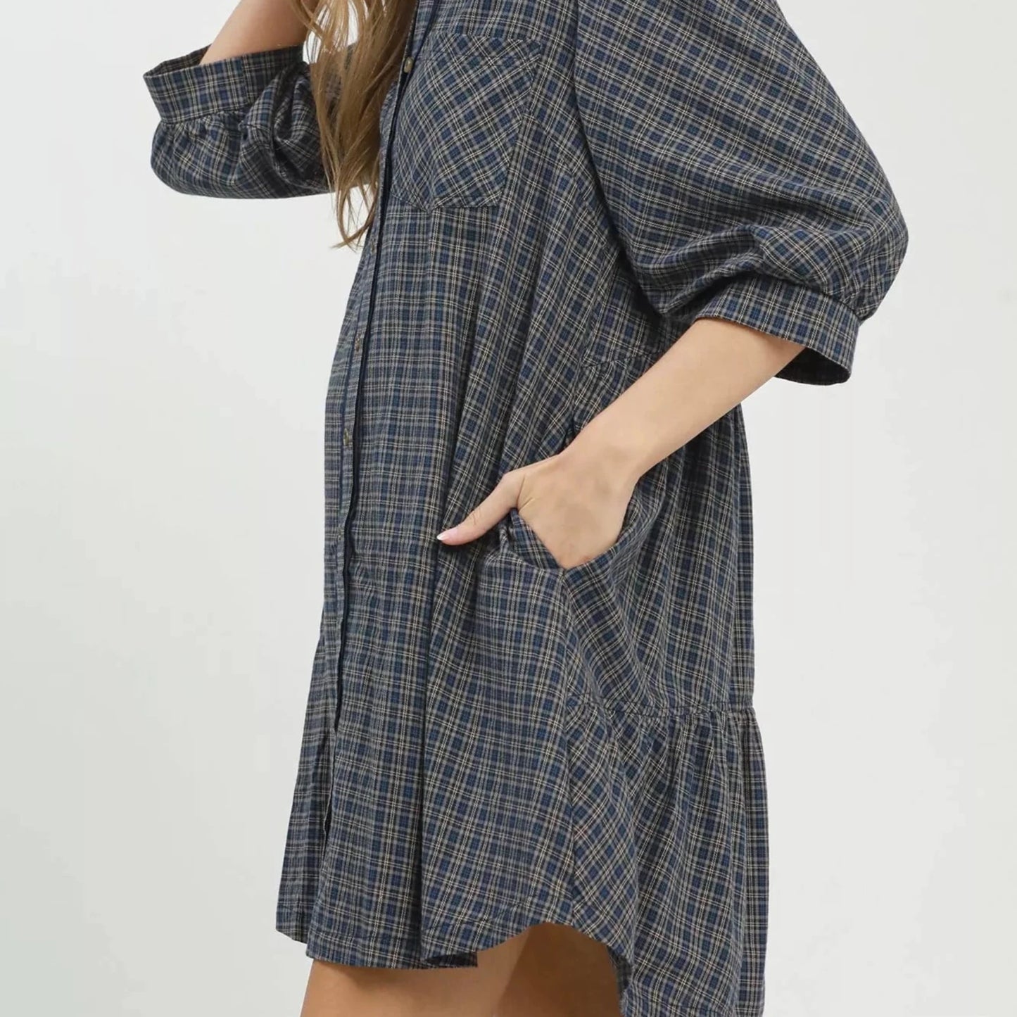 Umgee Plaid Button Down Oversized Shirt Dress - Navy-Trendsi - Solazura Boutique