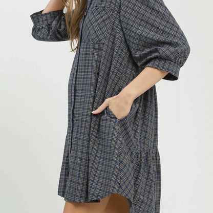 Umgee Plaid Button Down Oversized Shirt Dress - Navy-Trendsi - Solazura Boutique