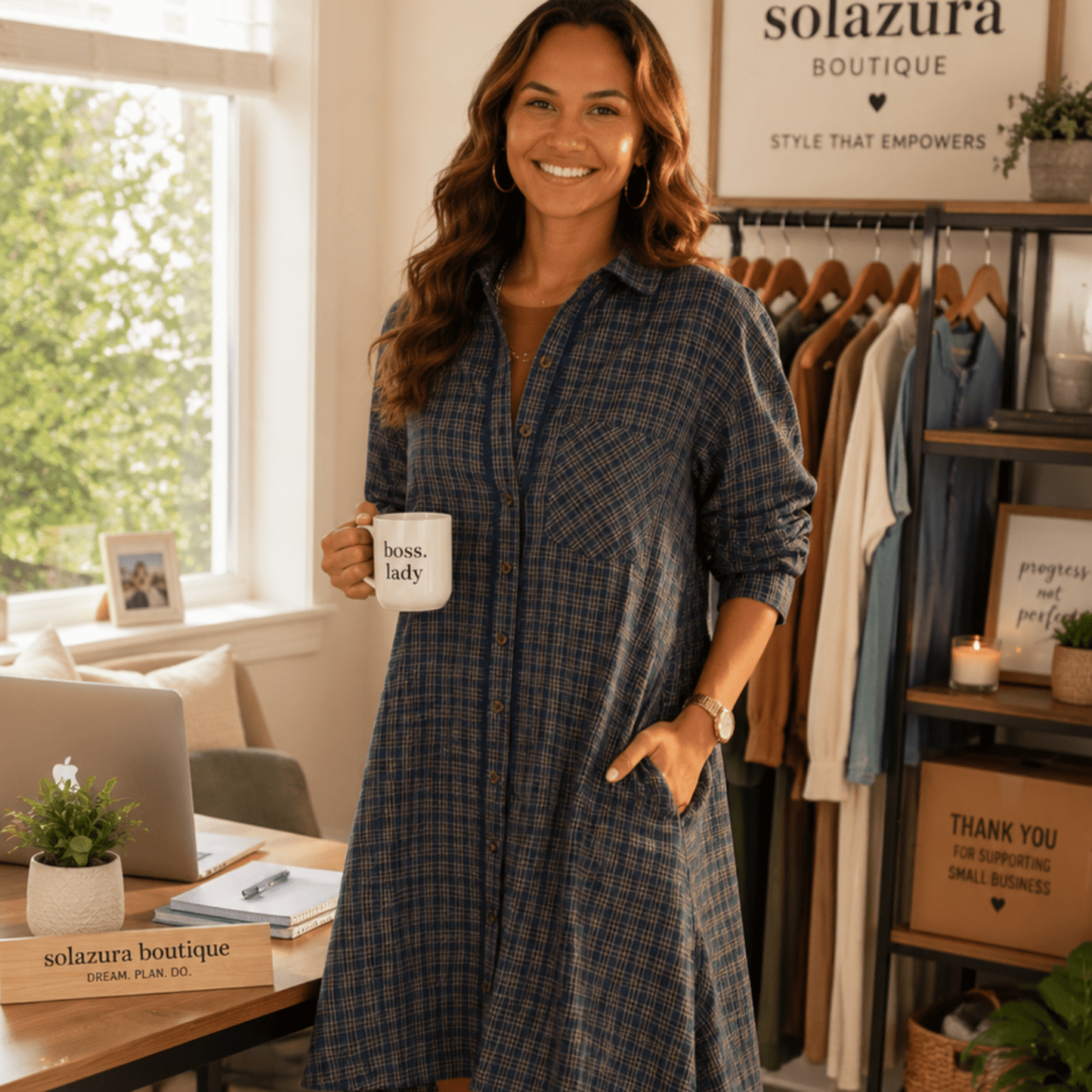 Umgee Plaid Button Down Oversized Shirt Dress - Navy-Trendsi - Solazura Boutique