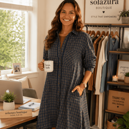 Umgee Plaid Button Down Oversized Shirt Dress - Navy-Trendsi - Solazura Boutique